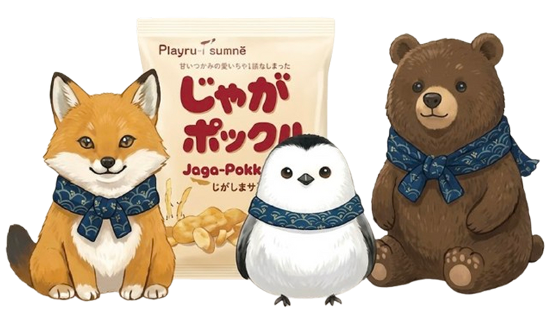 お土産を持った北海道の動物たちのイラスト