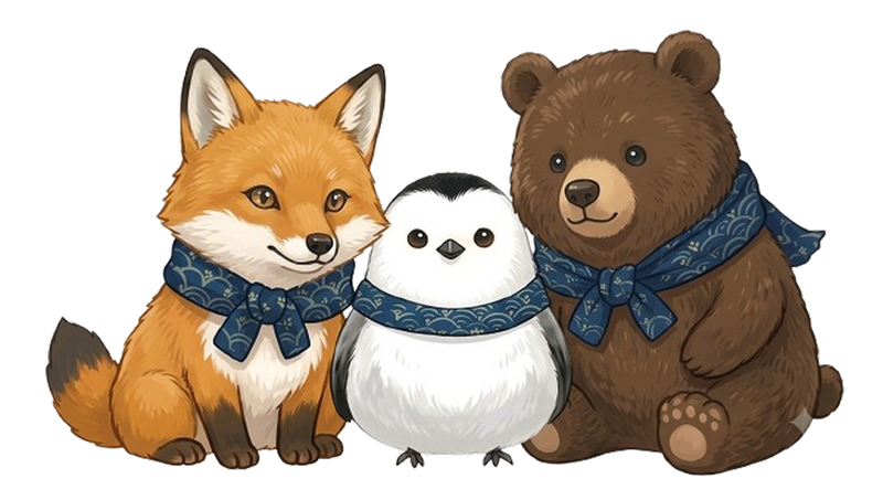 マフラーを巻いた北海道の動物たちのイラスト